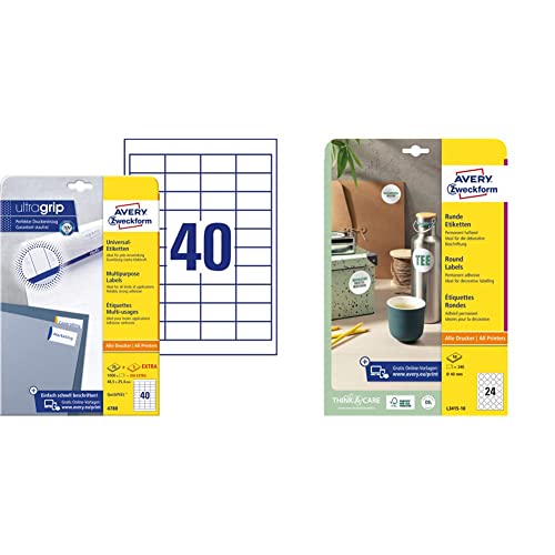 AVERY Zweckform 4780 Universal Etiketten (1.000 plus 200 Klebeetiketten extra, 48,5x25,4mm auf A4) 30 Blatt, weiß & Runde Etiketten L3415-10 (240 Aufkleber auf 10 Blatt,Ø 40 mm, A4) weiß von AVERY Zweckform