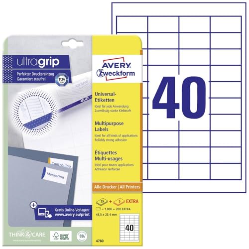 AVERY Zweckform 4780 Universal Etiketten (1.000 plus 200 Klebeetiketten extra, 48,5x25,4mm auf A4, Papier matt, individuell bedruckbar, selbstklebende Aufkleber mit ultragrip) 30 Blatt, weiß von AVERY Zweckform