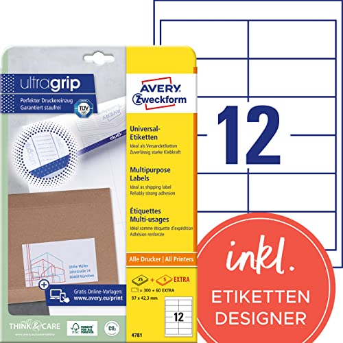 AVERY Zweckform 4781 Adressaufkleber (300 plus 60 Klebeetiketten extra, 97x42,3mm auf A4, Papier matt, bedruckbare Absenderetiketten, selbstklebende Adressetiketten mit ultragrip) 30 Blatt, weiß von AVERY Zweckform