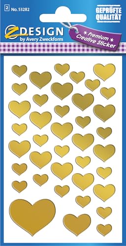 AVERY Zweckform 53282 Folien-Sticker gold Herzen 78 Aufkleber (Deko, Goldfolie, selbstklebend, Scrapbooking, Bullet Journal, Geburtstag, Hochzeit, Valentinstag, Karten, Fotoalbum, Gästebuch, Liebe) von AVERY Zweckform
