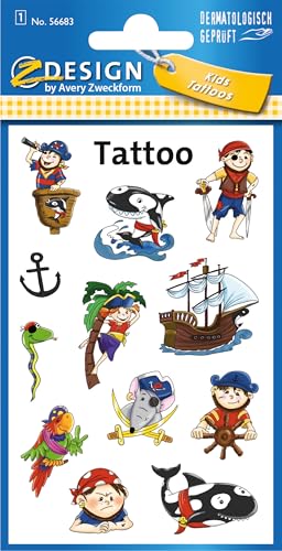 AVERY Zweckform 56683 Tattoo Kinder 12 Stück (Temporäre Tattoos Piraten, Kinder Tattoo wasserfest, Klebetattoos, Kindergeburtstag, Mitgebsel, Partyspiele Preise, Kinder zum Spielen, Tattoo Jungen) von AVERY Zweckform