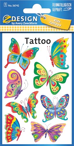 AVERY Zweckform 56742 Temporäre Tattoos für Kinder - 8 Stück Schmetterling, Wasserfest, Klebetattoos für Kindergeburtstag, Mitgebsel, Partyspiele, Mädchen von AVERY Zweckform