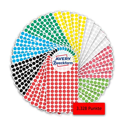AVERY Zweckform 59994 selbstklebende Markierungspunkte 3.328 Stück (Ø8mm, 8 Farben mit je 416 Klebepunkten auf 4 Bogen, Farbcodierung, runde Aufkleber für Kalender, Planer und zum Basteln, Papier) von AVERY Zweckform