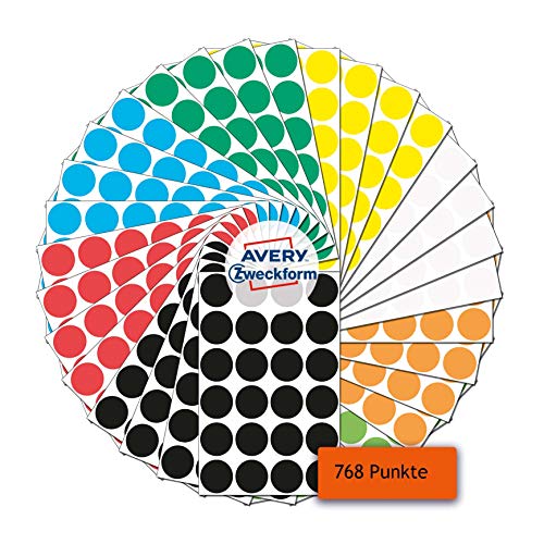 AVERY Zweckform 59998 selbstklebende Markierungspunkte 768 Stück (Ø18mm, 8 Farben mit je 96 Klebepunkten auf 4 Bogen, Farbcodierung, runde Aufkleber für Kalender, Planer und zum Basteln, Papier) von AVERY Zweckform