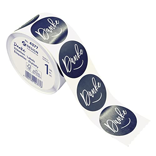 AVERY Zweckform 600 Aufkleber Danke (Made in Germany, Ø38 mm, nachtblaue Geschenkaufkleber weiße Schrift, selbstklebende Geschenkdeko, Karten, Tüten, Gutscheine) Sticker Danke auf Rolle, 4377 von AVERY Zweckform