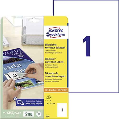 AVERY Zweckform 6094 Abdeck-Etiketten (blickdichte, selbstklebend, A4 Format, 210 x 297, für alle Drucker) 25 Etiketten weiß von AVERY Zweckform