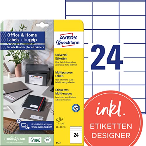 AVERY Zweckform 6122 Adressaufkleber (240 Klebeetiketten, 70x36 mm auf A4, bedruckbare Absenderetiketten, selbstklebende Adressetiketten mit ultragrip, ideal fürs HomeOffice) 10 Blatt, weiß von AVERY Zweckform