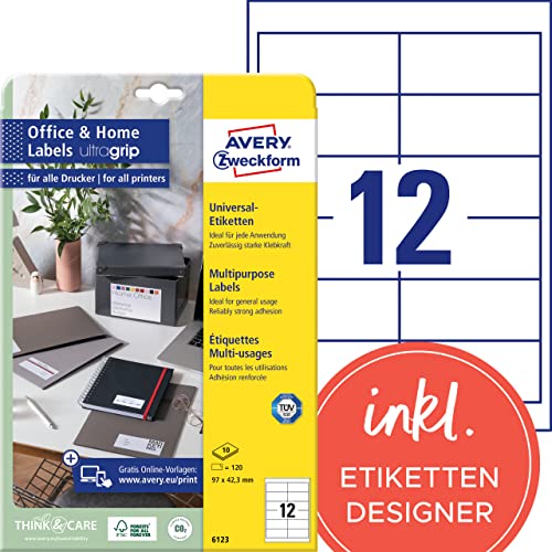 AVERY Zweckform 6123 Adressaufkleber (120 Klebeetiketten, 97x42,3 mm auf A4, bedruckbare Absenderetiketten, selbstklebende Adressetiketten mit ultragrip, ideal fürs HomeOffice) 10 Blatt, weiß von AVERY Zweckform