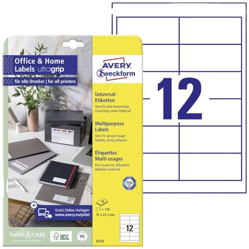 AVERY Zweckform 6123 Adressaufkleber (120 Klebeetiketten, 97x42,3 mm auf A4, bedruckbare Absenderetiketten, selbstklebende Adressetiketten mit ultragrip, ideal fürs HomeOffice) 10 Blatt, weiß von AVERY Zweckform