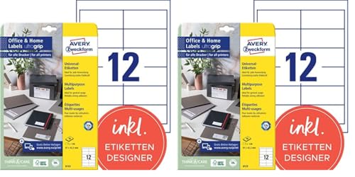 AVERY Zweckform 6123 Adressaufkleber (120 Klebeetiketten, 97x42,3 mm auf A4, bedruckbare Absenderetiketten, selbstklebende Adressetiketten mit ultragrip, ideal fürs HomeOffice) 10 Blatt, weiß von AVERY Zweckform