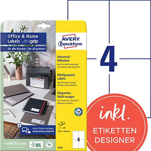 AVERY Zweckform 6124 Universal Etiketten (40 Klebeetiketten, 105x148 mm auf A4, bedruckbare Adressaufkleber, selbstklebende Versandetiketten mit ultragrip, ideal fürs HomeOffice) 10 Blatt, weiß von AVERY Zweckform