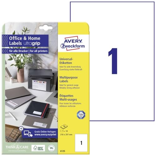 AVERY Zweckform 6125 Universal Etiketten (10 Klebeetiketten, 210x297 mm auf A4, bedruckbare Adressaufkleber, selbstklebende Versandetiketten mit ultragrip, ideal fürs HomeOffice) 10 Blatt, weiß von AVERY Zweckform