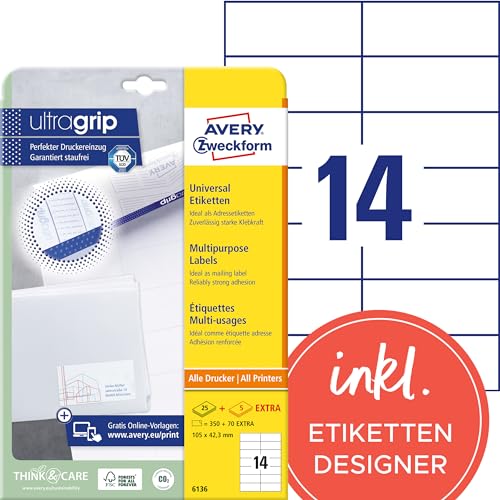 AVERY Zweckform 6136 Adressaufkleber (350 plus 70 Klebeetiketten extra, 105x42,3mm auf A4, Papier matt, bedruckbare Absenderetiketten, selbstklebende Adressetiketten mit ultragrip) 30 Blatt, weiß von AVERY Zweckform