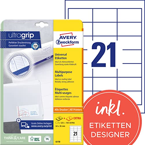 AVERY Zweckform 6170 Adressaufkleber (525 plus 105 Klebeetiketten extra, 64x36mm auf A4, Papier matt, bedruckbare Absenderetiketten, selbstklebende Adressetiketten mit ultragrip) 30 Blatt, weiß von AVERY Zweckform