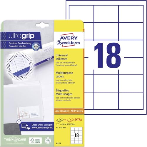AVERY Zweckform 6171 Adressaufkleber (450 plus 90 Klebeetiketten extra, 64x45mm auf A4, Papier matt, bedruckbare Absenderetiketten, selbstklebende Adressetiketten mit ultragrip) 30 Blatt, weiß von AVERY Zweckform