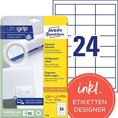 AVERY Zweckform 6172 Adressaufkleber (600 plus 120 Klebeetiketten extra, 64,6x33,8mm auf A4, Papier matt, bedruckbare Absenderetiketten, selbstklebende Adressetiketten mit ultragrip) 30 Blatt, weiß von AVERY Zweckform