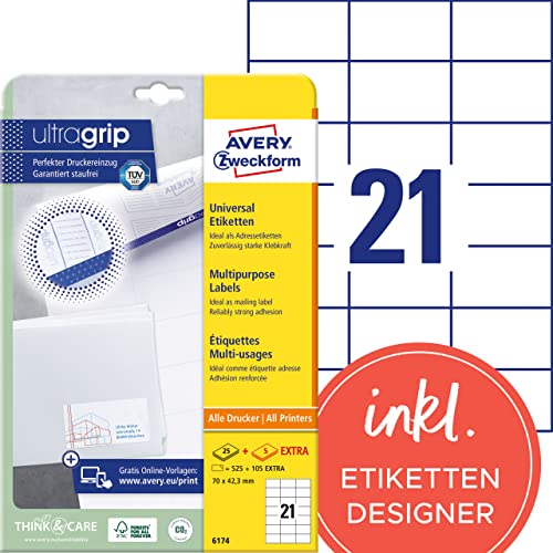 AVERY Zweckform 6174 Adressaufkleber (525 plus 105 Klebeetiketten extra, 70x42,3mm auf A4, Papier matt, bedruckbare Absenderetiketten, selbstklebende Adressetiketten mit ultragrip) 30 Blatt, weiß von AVERY Zweckform