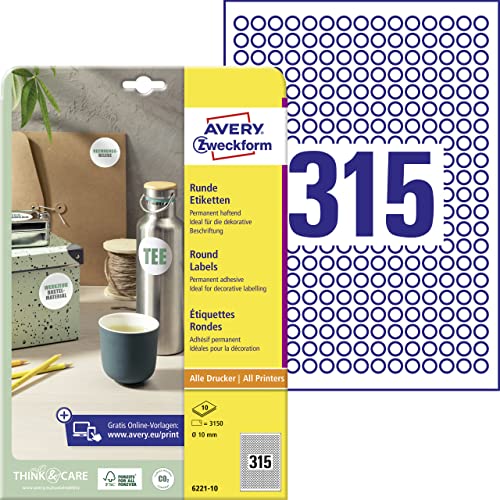 AVERY Zweckform 6221-10 Runde Etiketten (3.150 Klebepunkte, Ø10mm auf A4, runde Aufkleber zum Bedrucken, selbstklebende Produktetiketten, permanent haftende Marmeladenetiketten) 10 Blatt, weiß von AVERY Zweckform