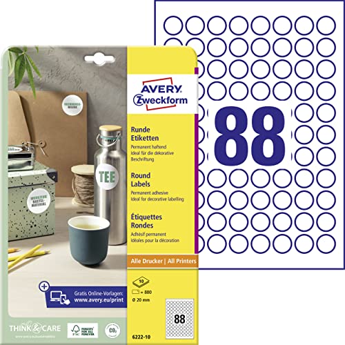 AVERY Zweckform 6222-10 Runde Etiketten (880 Klebepunkte, Ø20mm auf A4, runde Aufkleber zum Bedrucken, selbstklebende Produktetiketten, permanent haftende Marmeladenetiketten) 10 Blatt, weiß von AVERY Zweckform