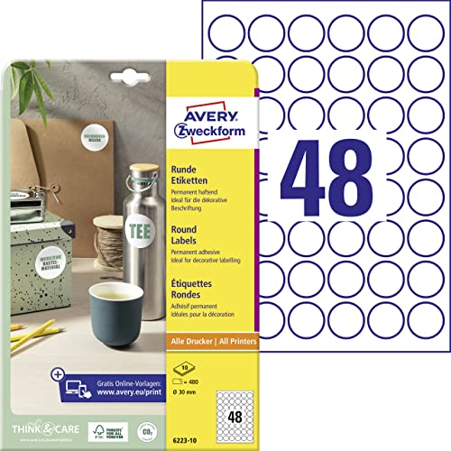 AVERY Zweckform 6223-10 Runde Etiketten (480 Klebepunkte, Ø30mm auf A4, runde Aufkleber zum Bedrucken, selbstklebende Produktetiketten, permanent haftende Marmeladenetiketten) 10 Blatt, weiß von AVERY Zweckform