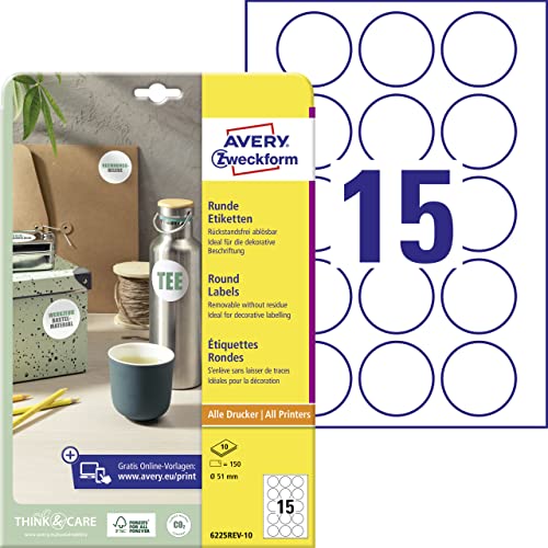 AVERY Zweckform 6225REV-10 Runde Etiketten (150 Klebepunkte, Ø51mm auf A4, runde Aufkleber zum Bedrucken, wieder rückstandsfrei ablösbar/abziehbar, selbstklebende Marmeladenetiketten) 10 Blatt, weiß von AVERY Zweckform