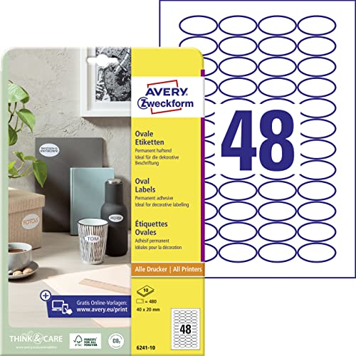 AVERY Zweckform 6241-10 Ovale Etiketten (360 Klebeetiketten, 40x20mm auf A4, ovale Aufkleber zum Bedrucken, selbstklebende Produktetiketten, permanent haftende Marmeladenetiketten) 10 Blatt, weiß von AVERY Zweckform