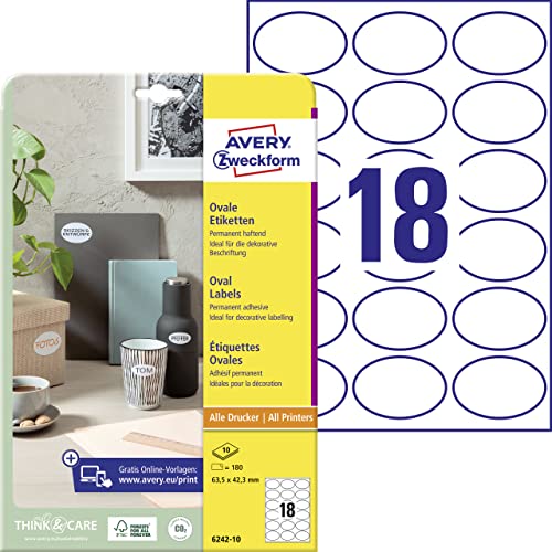 AVERY Zweckform 6242-10 Ovale Etiketten (180 Klebeetiketten, 63,5x42,3mm auf A4, ovale Aufkleber zum Bedrucken, selbstklebende Produktetiketten, permanent haftende Marmeladenetiketten) 10 Blatt, weiß von AVERY Zweckform