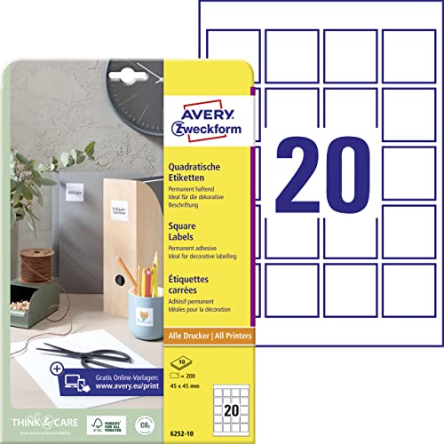 AVERY Zweckform 6252-10 Quadratische Etiketten (200 Klebeetiketten, 45x45mm auf A4, QR Code Aufkleber zum Bedrucken, selbstklebend, permanent haftende QR Code Etiketten) 10 Blatt, weiß von AVERY Zweckform