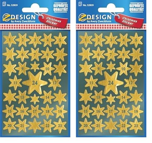 AVERY Zweckform 66 Aufkleber Weihnachten Sterne gold (Made in Germany, Weihnachtskalender, Glanzpapier, selbstklebende Weihnachtsdeko, Zahlen 1-24, Adventskalenderzahlen, Sticker Weihnachten) 52809 von AVERY Zweckform