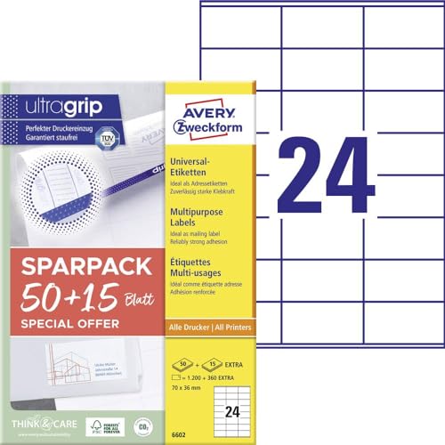 AVERY Zweckform 6602 Adressaufkleber (1.200 plus 360 Klebeetiketten extra, 70x36mm auf A4, Papier matt, bedruckbare Absenderetiketten, selbstklebende Adressetiketten mit ultragrip) 65 Blatt, weiß von AVERY Zweckform