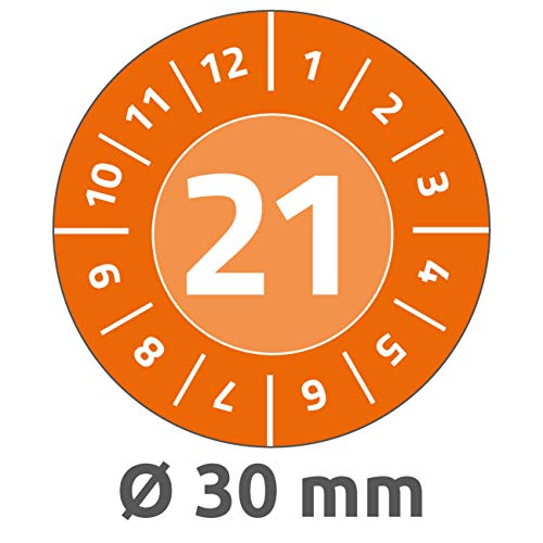 AVERY Zweckform 6946-2021 fälschungssichere Jahres-Prüfplaketten 2021 (stark selbstklebend, Kleinformat, Ø 30 mm, 80 Aufkleber auf 10 Blatt) orange von AVERY Zweckform