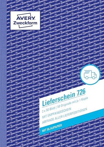 AVERY Zweckform 726 Lieferschein mit Empfangsschein (A5, 2x50 Blatt, mit 1 Blatt Blaupapier und farbigem Durchschlag, zur Abfrage aller Lieferpositionen) weiß/rosa von AVERY Zweckform