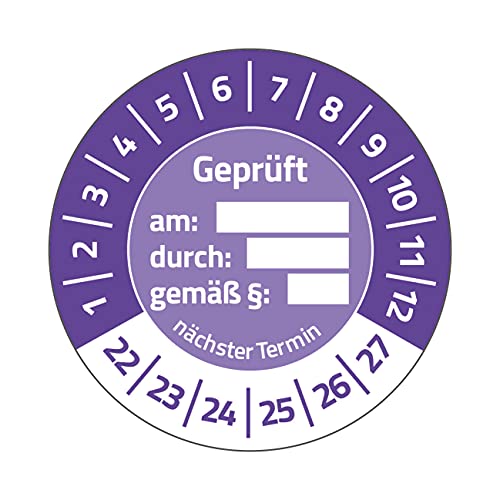 AVERY Zweckform 80 Prüfplaketten 2022-2027 Geprüft am/durch/gemäß § (fälschungssicher, selbstklebend, Ø 30 mm, Prüfaufkleber, beschriftbare Prüfsiegel aus Dokumentenfolie) Art. 6962-2022, violett von AVERY Zweckform