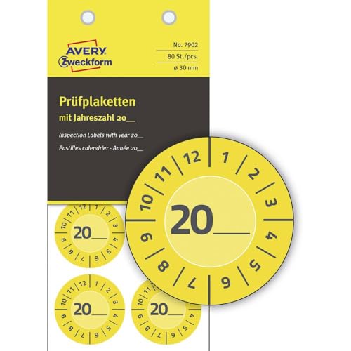 AVERY Zweckform 80 Stück Prüfplaketten 20xx (mit Jahreszahl zum selber eintragen, widerstandsfähig, stark selbstklebend, Ø30 mm, Prüfaufkleber, beschriftbare Prüfsiegel aus Vinyl-Klebefolie) 7902 gelb von AVERY Zweckform