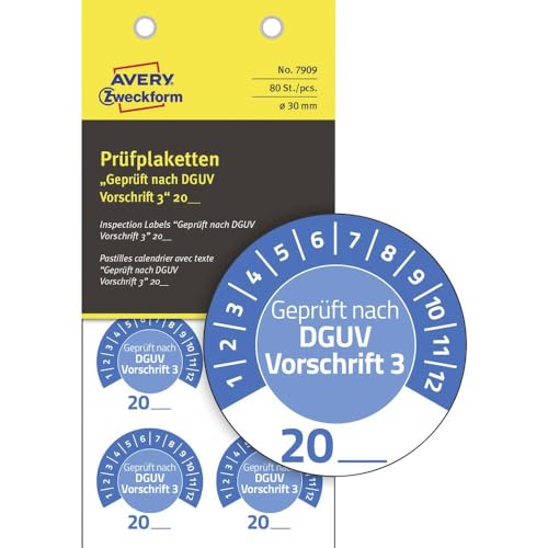 AVERY Zweckform 80 Stück Prüfplaketten Geprüft nach DGUV Vorschrift 3 20xx (mit Jahreszahl zum selber eintragen, widerstandsfähig, selbstklebend, Ø 30 mm, Prüfaufkleber, Prüfsiegel aus Vinyl) 7909 blau von AVERY Zweckform