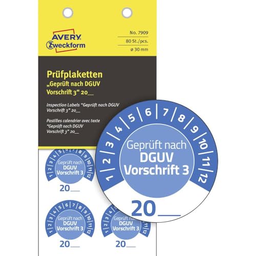 AVERY Zweckform 80 Stück Prüfplaketten Geprüft nach DGUV Vorschrift 3 20 (mit Jahreszahl zum selber eintragen, widerstandsfähig, selbstklebend, 30 mm, Prüfaufkleber, Prüfsiegel aus Vinyl) 7909 blau von AVERY Zweckform