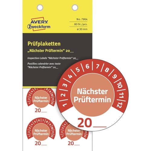 AVERY Zweckform 80 Stück Prüfplaketten Nächster Prüftermin 20xx (mit Jahreszahl zum selber eintragen, widerstandsfähig, selbstklebend, Ø 30 mm, Prüfaufkleber, Prüfsiegel aus Vinyl) 7904 rot von AVERY Zweckform