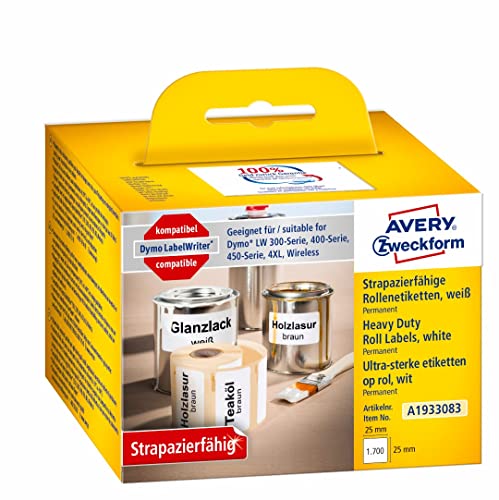 AVERY Zweckform A1933083 Dymo LabelWriter wetterfeste Etiketten kompatibel zu 1933083 (25x25mm, 2 Rollen|1.700 Kunststoff Aufkleber, selbstklebend, für LW Dymo Etikettendrucker, Beschriftungsgerät) von AVERY Zweckform