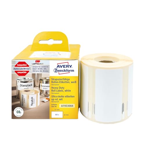 AVERY Zweckform A1933084 Dymo LabelWriter wetterfeste Etiketten kompatibel zu 1933084 (57x32mm, 1 Rolle|400 Kunststoff Aufkleber, selbstklebend, für LW Dymo Etikettendrucker, Beschriftungsgerät) von AVERY Zweckform