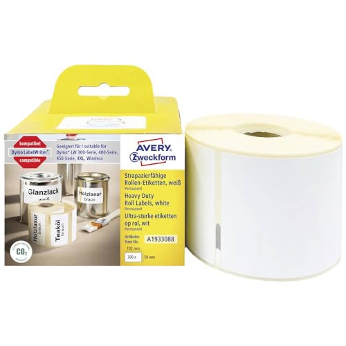 AVERY Zweckform A1933088 Dymo LabelWriter wetterfeste Etiketten kompatibel zu 1933088 (59x102mm, 1 Rolle|300 Kunststoff Aufkleber, selbstklebend, für LW Dymo Etikettendrucker, Beschriftungsgerät) von AVERY Zweckform