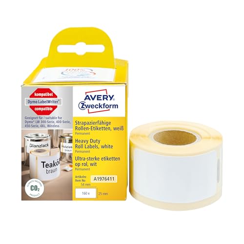 AVERY Zweckform A1976411 Dymo LabelWriter wetterfeste Etiketten kompatibel zu 1976411 (25x54mm, 1 Rolle|160 Kunststoff Aufkleber, selbstklebend, für LW Dymo Etikettendrucker, Beschriftungsgerät) von AVERY Zweckform