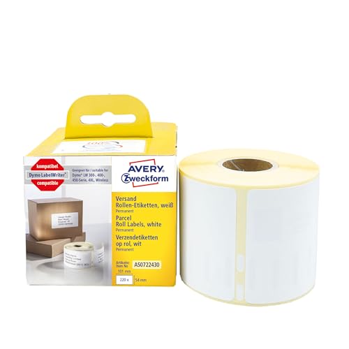 AVERY Zweckform AS0722430 Dymo LabelWriter Versandetiketten kompatibel zu S0722430 (54x101mm, 1 Rolle|220 Paketaufkleber, selbstklebend, für LW Dymo Etikettendrucker/Beschriftungsgerät/Etikettenband) von AVERY Zweckform