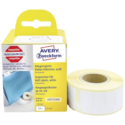 AVERY Zweckform AS0722460 Dymo LabelWriter Hängemappen Etiketten kompatibel zu S0722460 (12x50mm, 1 Rolle|220 Aufkleber, selbstklebend, für LW Dymo Etikettendrucker/Beschriftungsgerät/Etikettenband) von AVERY Zweckform