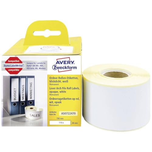 AVERY Zweckform AS0722470 Dymo LabelWriter Ordneretiketten schmal kompatibel zu S0722470 (38x190mm, 1 Rolle|110 Rückenschilder, selbstklebend, absolut blickdicht, Dymo LabelWriter Etikettendrucker) von AVERY Zweckform