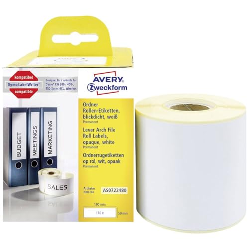 AVERY Zweckform AS0722480 Dymo LabelWriter Ordneretiketten breit kompatibel zu S0722480 (59x190mm, 1 Rolle|110 Rückenschilder, selbstklebend, absolut blickdicht, Dymo LabelWriter Etikettendrucker) von AVERY Zweckform