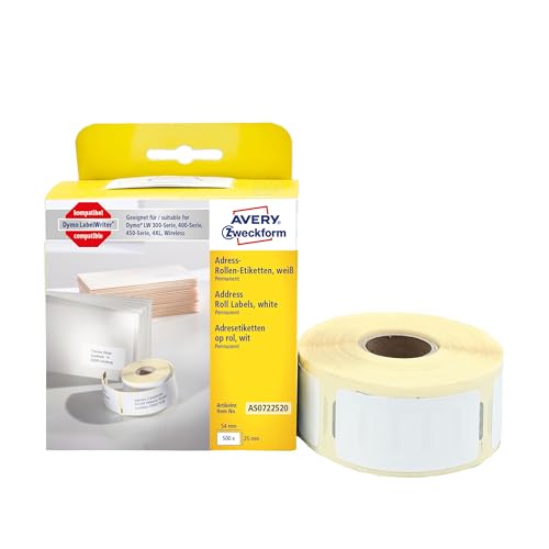 AVERY Zweckform AS0722520 Dymo LabelWriter Adressetiketten kompatibel zu S0722520 (25x54mm, 1 Rolle|500 Adressaufkleber, selbstklebend, für LW Dymo Etikettendrucker/Beschriftungsgerät/Etikettenband) von AVERY Zweckform