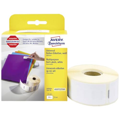 AVERY Zweckform AS0722550 Dymo LabelWriter Etiketten kompatibel zu S0722550 (19x51mm, 1 Rolle|500 ablösbare Aufkleber, selbstklebend, für LW Dymo Etikettendrucker/Beschriftungsgerät/Etikettenband) von AVERY Zweckform
