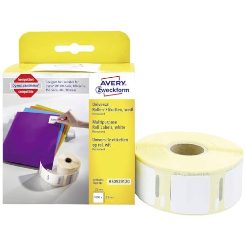 AVERY Zweckform AS0929120 Dymo LabelWriter Etiketten kompatibel zu S0929120 (25x25mm, 1 Rolle|1.000 Aufkleber quadratisch, selbstklebend, für LW Dymo Etikettendrucker/Beschriftungsgerät/Etikettenband) von AVERY Zweckform