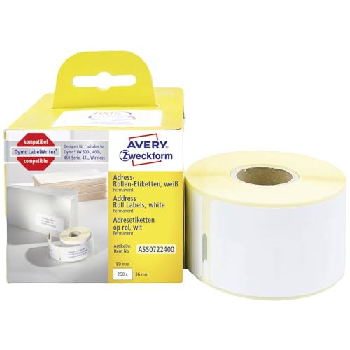 AVERY Zweckform ASS0722400 Dymo LabelWriter Adressetiketten kompatibel zu S0722400 (36x89mm, 1 Rolle|260 Adressaufkleber, selbstklebend, für LW Dymo Etikettendrucker/Beschriftungsgerät/Etikettenband) von AVERY Zweckform