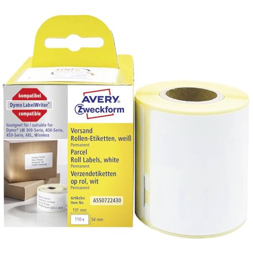 AVERY Zweckform ASS0722430 Dymo LabelWriter Versandetiketten kompatibel zu S0722430 (54x101mm, 1 Rolle|110 Paketaufkleber, selbstklebend, für LW Dymo Etikettendrucker/Beschriftungsgerät/Etikettenband) von AVERY Zweckform